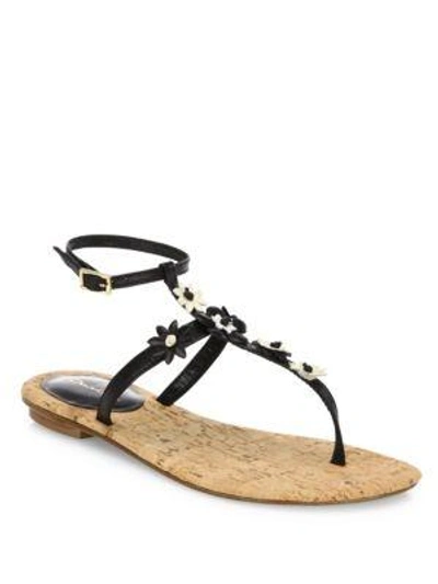 Shop Oscar De La Renta Flower Leather T-strap Sandals In Black