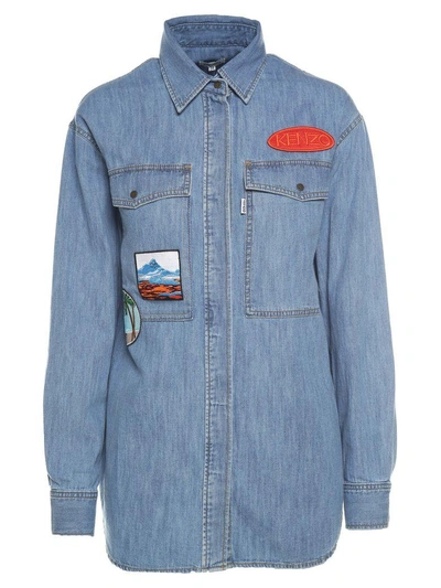 Shop Kenzo Badges Denim-cotton Boyfriend Shirt In Blu