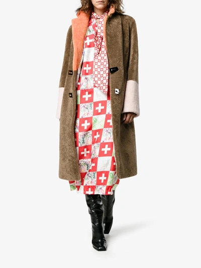 Shop Saks Potts Colour Block Febbe Flower Shearling Coat In Brown