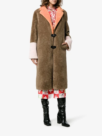 Shop Saks Potts Colour Block Febbe Flower Shearling Coat In Brown