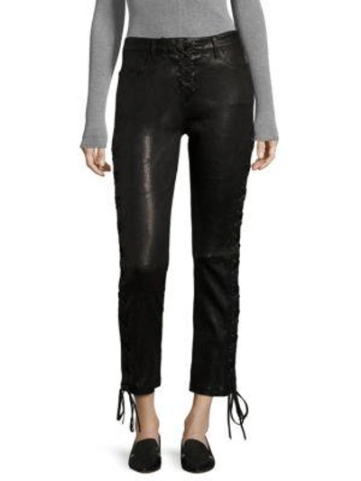 Shop Frame Lace-up Leather Skinny Trousers In Noir