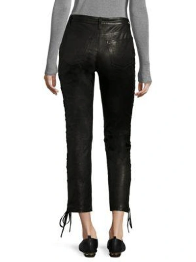 Shop Frame Lace-up Leather Skinny Pants In Noir