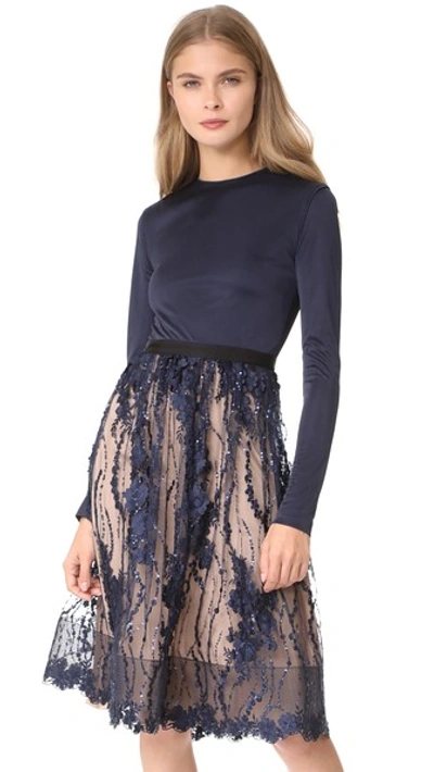 Catherine Deane January Cocktail Dress W/ Ponte Bodice & Lace Skirt In Navy/almond