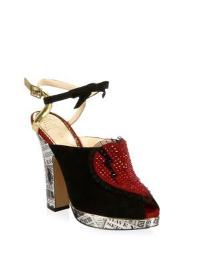 Shop Charlotte Olympia Ruffled Heart Suede Ankle Strap Sandals In Multi Black