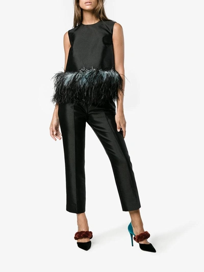 Shop Prada Sleeveless Feather Trimmed Top In Black