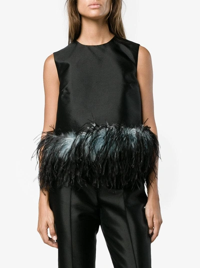 Shop Prada Sleeveless Feather Trimmed Top In Black