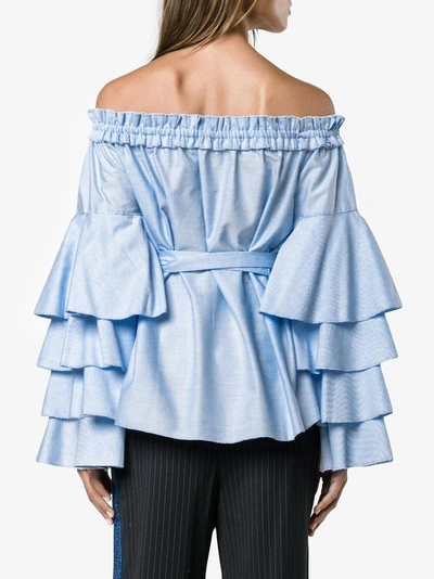 Shop Jour/né Long Sleeve Off-shoulder Ruffle Top In Blue