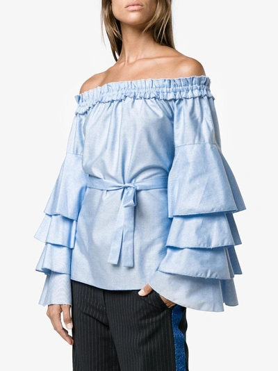 Shop Jour/né Long Sleeve Off-shoulder Ruffle Top In Blue