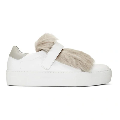 Shop Moncler White Fur Victoire Slip-on Sneakers