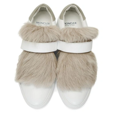 Shop Moncler White Fur Victoire Slip-on Sneakers