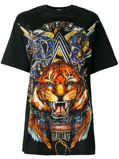 Shop Balmain Oversized Tiger Print T-shirt - Black