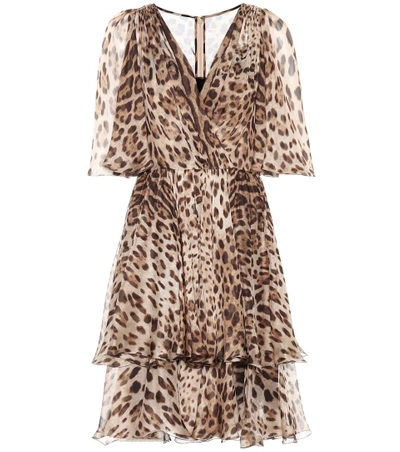 Dolce & Gabbana Leopard-printed Silk Dress In Brown