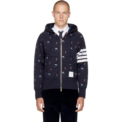 Shop Thom Browne Navy Classic Four Bar Skier Icon Zip Up Hoodie
