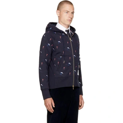 Shop Thom Browne Navy Classic Four Bar Skier Icon Zip Up Hoodie