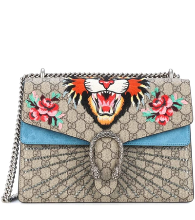 Shop Gucci Dionysus Gg Supreme Medium Coated Canvas And Suede Shoulder Bag In Multicoloured