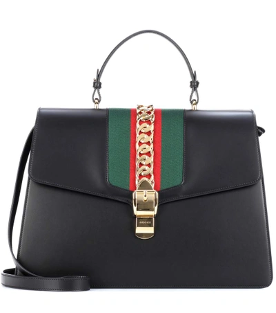 Shop Gucci Sylvie Maxi Leather Top Handle Bag In Black