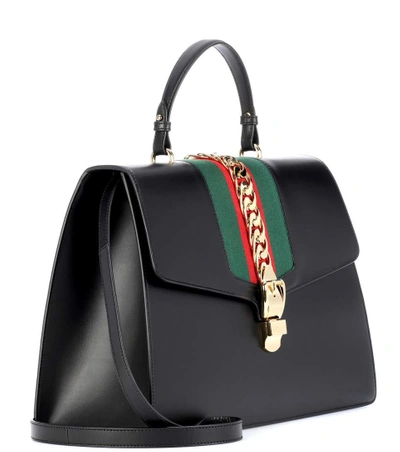 Shop Gucci Sylvie Maxi Leather Top Handle Bag In Black