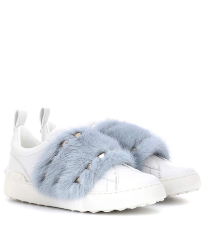 Shop Valentino Open Mink Fur-trimmed Leather Sneakers In Blue