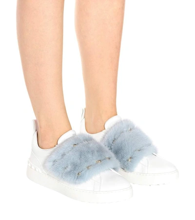 Shop Valentino Open Mink Fur-trimmed Leather Sneakers In Blue