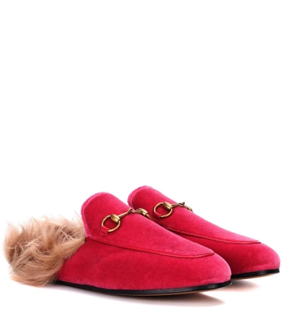 Gucci Princetown Fur-lined Velvet Slippers In Pink