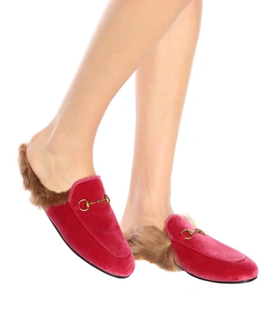 Shop Gucci Princetown Fur-lined Velvet Slippers In Pink