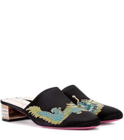 Gucci Crystal-embellished Embroidered Satin Mules In Black