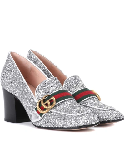 Gucci Peyton Glitter Block Heel Loafers In Argento Silver