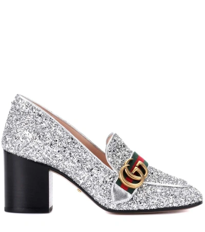 Gucci Peyton Glitter Block Heel Loafers In Argento Silver | ModeSens