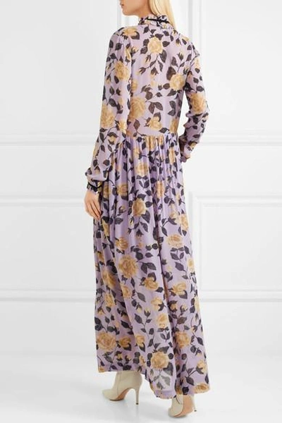 Ganni Carlton Pussy-bow Floral-print Georgette Maxi Dress In Pastel Lilac |  ModeSens