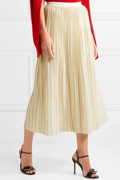Shop Gucci Metallic Pleated Wool-blend Midi Skirt In Ivory