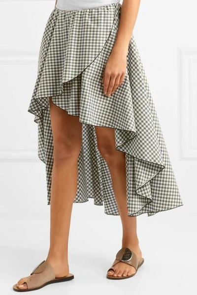 Shop Caroline Constas Adelle Ruffled Gingham Cotton-poplin Skirt In Green