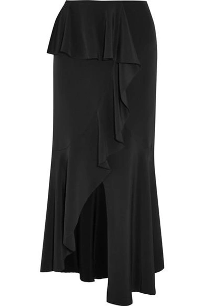 Shop Goen J Asymmetric Ruffled Silk-satin Midi Skirt In Black