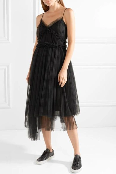 Shop Msgm Pleated Tulle Midi Dress In Black