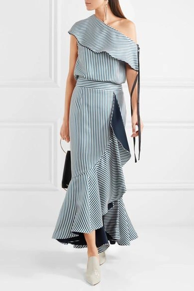 Shop Hellessy Daffodil Ruffled Striped Silk-satin Twill Maxi Skirt In Petrol