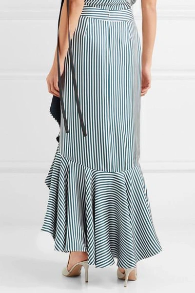 Shop Hellessy Daffodil Ruffled Striped Silk-satin Twill Maxi Skirt In Petrol