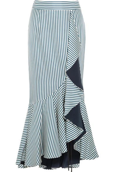 Shop Hellessy Daffodil Ruffled Striped Silk-satin Twill Maxi Skirt In Petrol