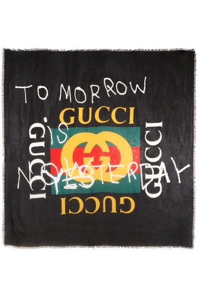 Shop Gucci Printed Modal And Silk-blend Scarf In Black