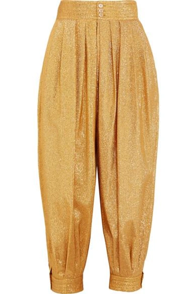 Shop Gucci Cropped Textured-lamé Tapered Pants In Gold