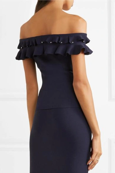Shop Jonathan Simkhai Off-the-shoulder Ruffled Knitted Top In Midnight Blue