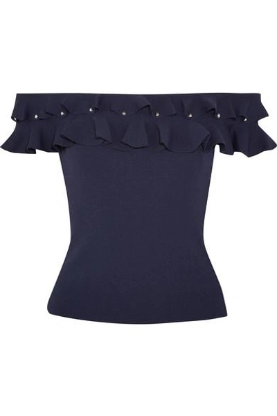Shop Jonathan Simkhai Off-the-shoulder Ruffled Knitted Top In Midnight Blue
