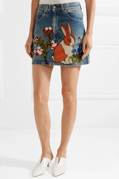 Shop Gucci Appliquéd Denim Mini Skirt In Mid Denim