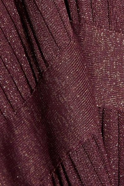 Shop Prada Pussy-bow Metallic Ribbed-knit Midi Dress In Grape