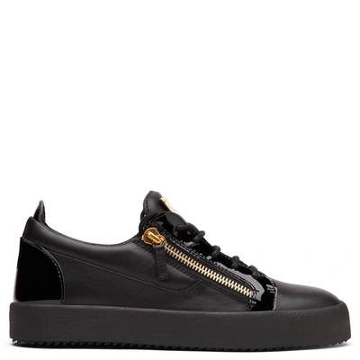 Shop Giuseppe Zanotti Leather And Patent Leather Low-top Sneaker Frankie In Black