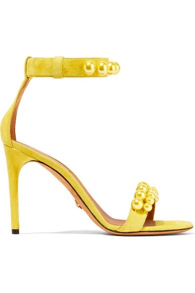 Shop Givenchy Faux Pearl-embellished Suede Sandals In Bright Yellow