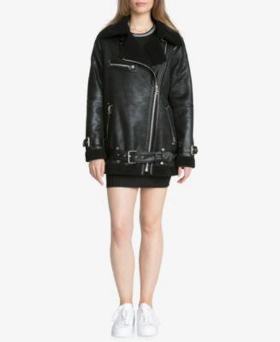 Shop Avec Les Filles Faux-shearling Moto Coat In Black