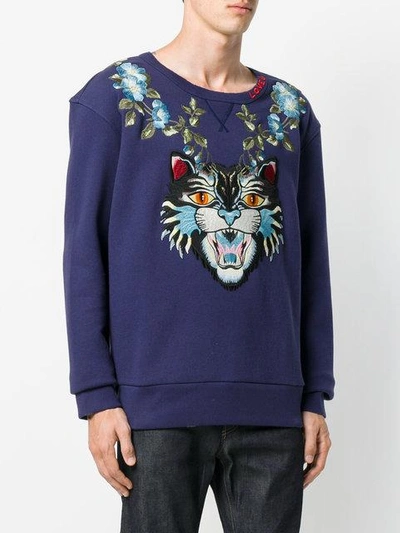 Gucci Sweatshirt Sweatshirt In Pure Cotton With Angry Cat Maxi Patch And  Floral Embroideries In Blue | ModeSens
