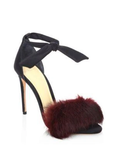 Shop Alexandre Birman Clarita 100 Rabbit Fur & Satin Ankle-strap Sandals In Black Wine Berry