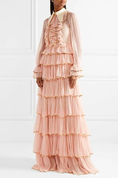 Shop Gucci Ruffled Embellished Silk-crepon Gown In Blush
