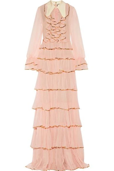 Shop Gucci Ruffled Embellished Silk-crepon Gown In Blush