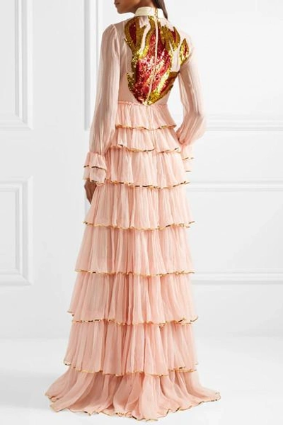 Shop Gucci Ruffled Embellished Silk-crepon Gown In Blush